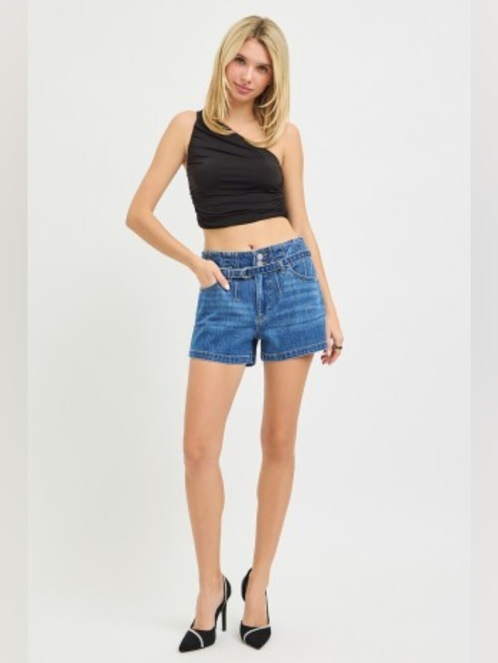 RISEN HR Dark Wash Slouchy Denim Shorts Pleated Belted Double Button Various NEW